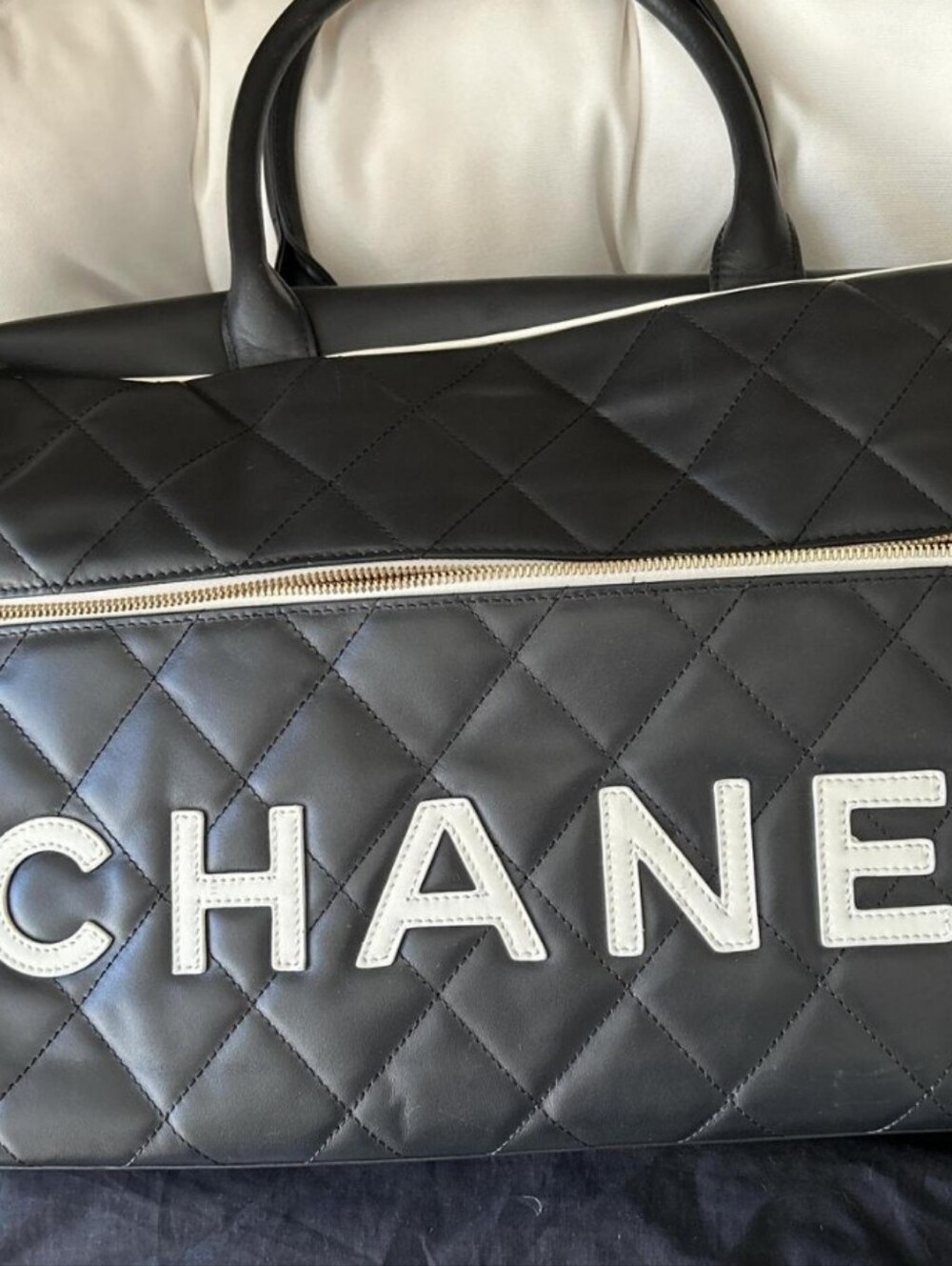 CHANEL Black Leather Travel Tote with Gold Zipper